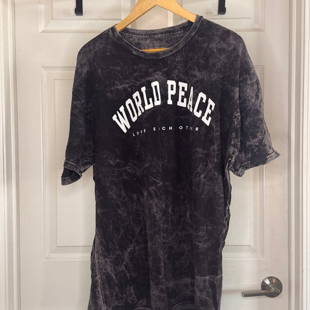 Acid Washed Black Men's Cotton "World Peace" T-shirt in XL by Wear the Peace